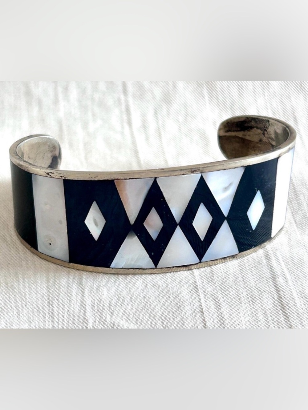 Vintage Mexican Cuff Bracelet Inlaid Mother Of Pearl Cuff
